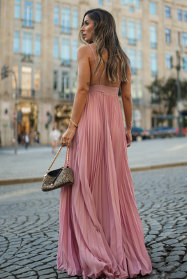 Long Pleated Dress with a Plunging Neckline in Pink