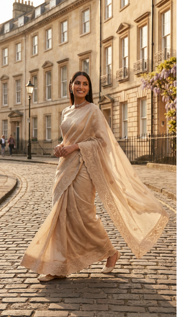 Ivory Organza Thithli Saree Set