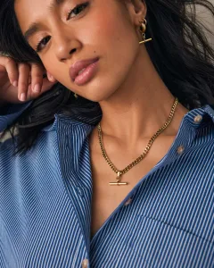 Gold Tone Waterproof Stainless Steel T-Bar Necklace