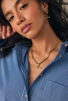 Gold Tone Waterproof Stainless Steel T-Bar Necklace