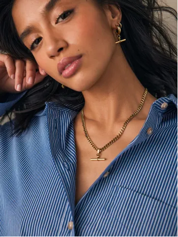 Gold Tone Waterproof Stainless Steel T-Bar Necklace