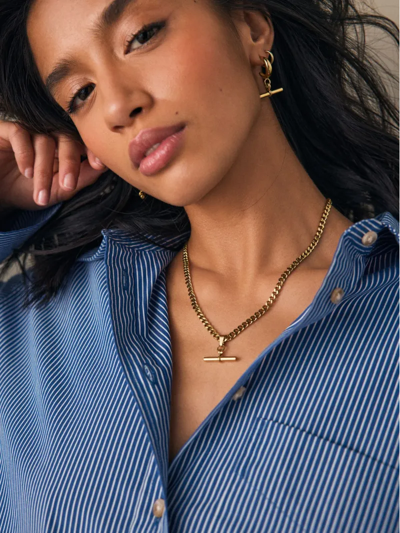 Gold Tone Waterproof Stainless Steel T-Bar Necklace