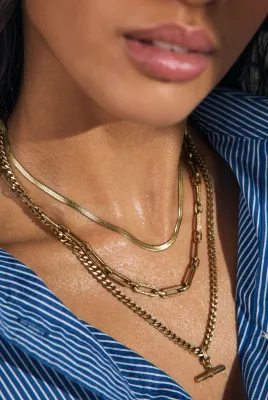 Gold Tone Waterproof Stainless Steel T-Bar Necklace