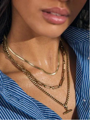 Gold Tone Waterproof Stainless Steel T-Bar Necklace