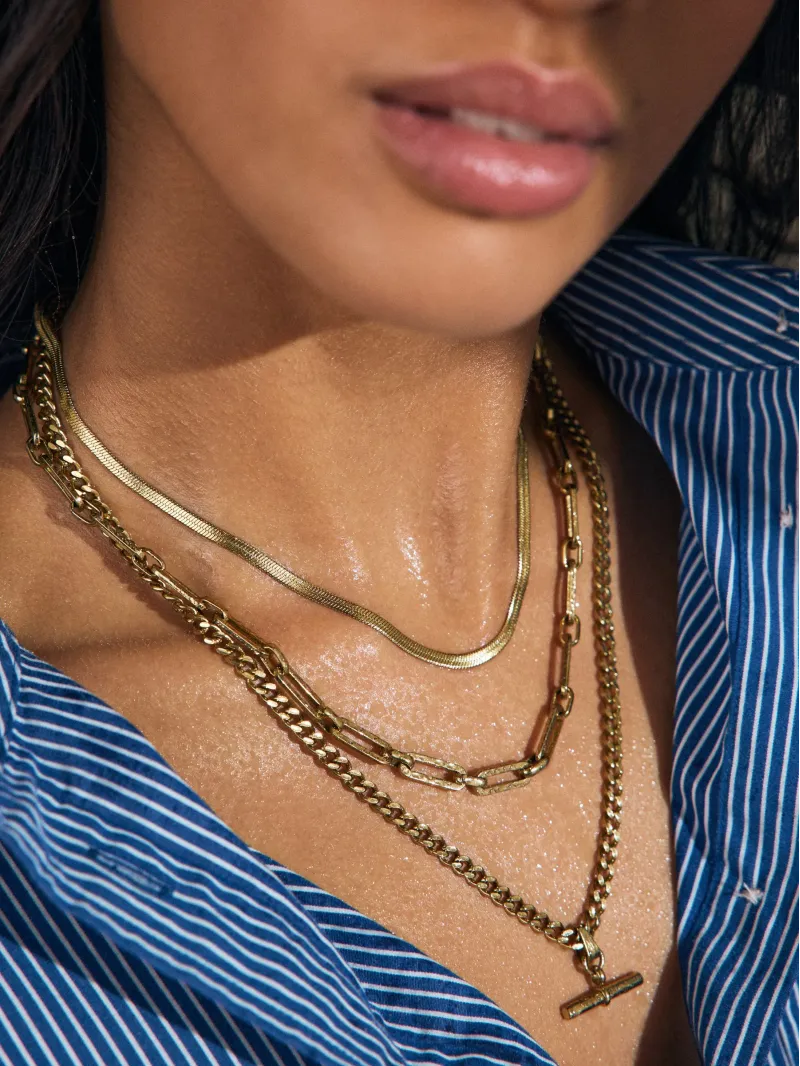 Gold Tone Waterproof Stainless Steel T-Bar Necklace