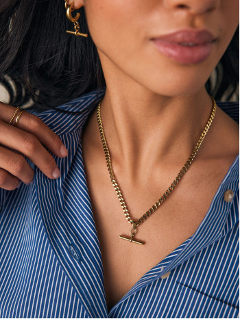 Gold Tone Waterproof Stainless Steel T-Bar Necklace