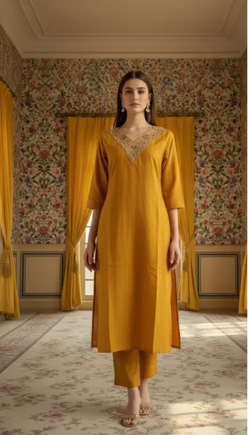 Woven-Dot Yoke Work Kurta