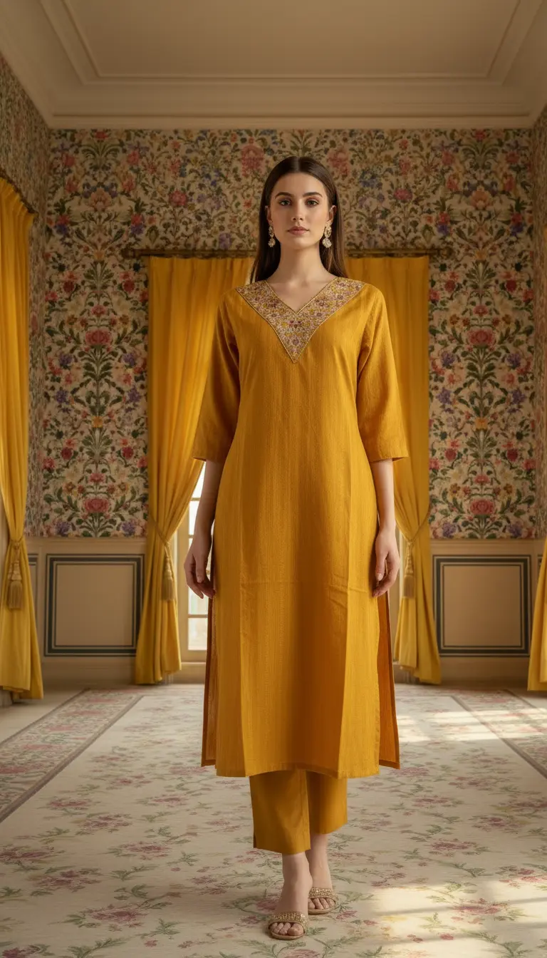 Woven-Dot Yoke Work Kurta