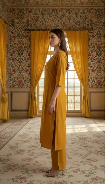 Woven-Dot Yoke Work Kurta