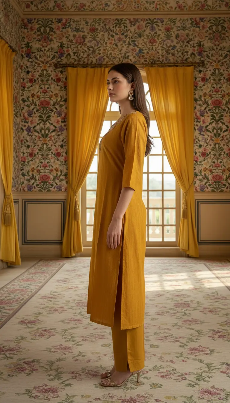 Woven-Dot Yoke Work Kurta