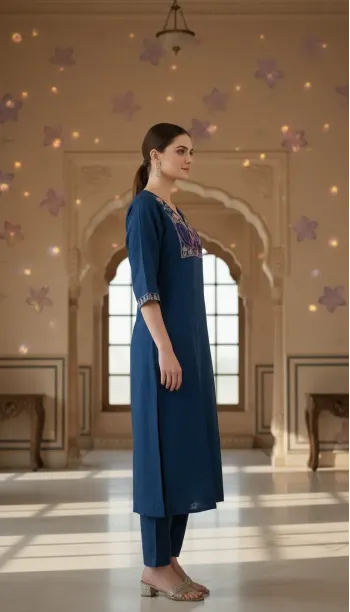 Woven-Dot Yoke Work Kurta