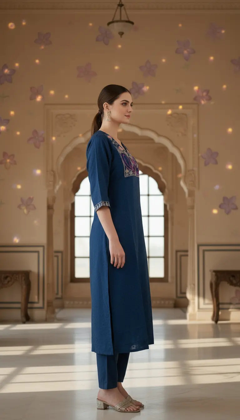 Woven-Dot Yoke Work Kurta