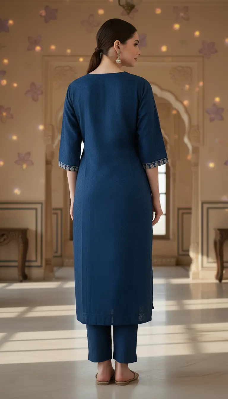 Woven-Dot Yoke Work Kurta