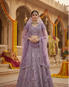 lavendar Tussar Floral Print Lenganga With Zari