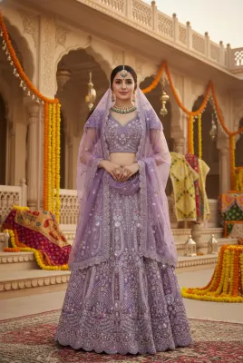 lavendar Tussar Floral Print Lenganga With Zari