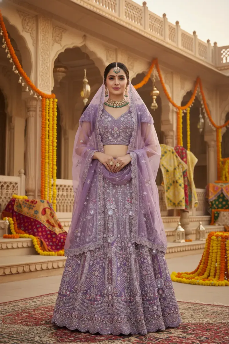 lavendar Tussar Floral Print Lenganga With Zari
