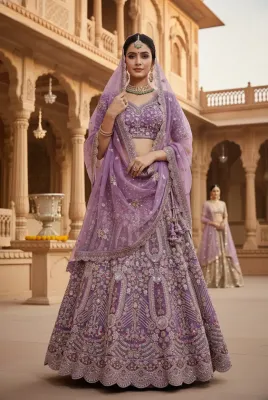 lavendar Tussar Floral Print Lenganga With Zari