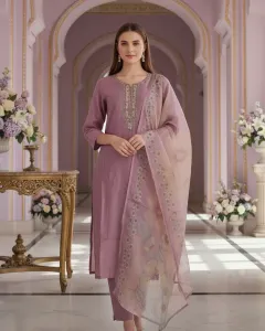 Beige Linen Blend Botanical Print Kurta Set