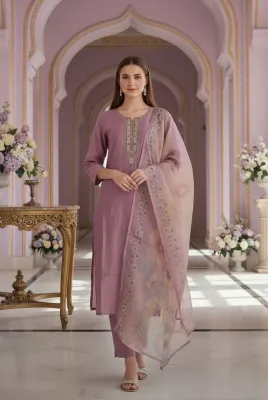 Beige Linen Blend Botanical Print Kurta Set