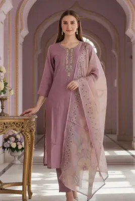 Beige Linen Blend Botanical Print Kurta Set