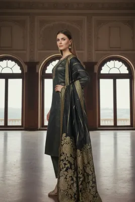 Mehndi green Velvet Embroidered Suit Set With Sequins