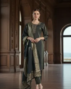 Mehndi green Velvet Embroidered Suit Set With Sequins