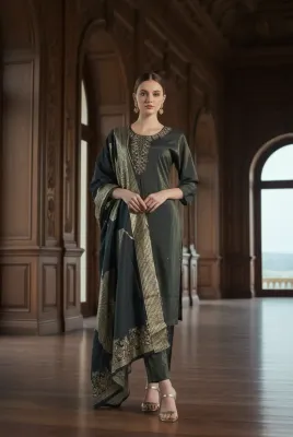 Mehndi green Velvet Embroidered Suit Set With Sequins