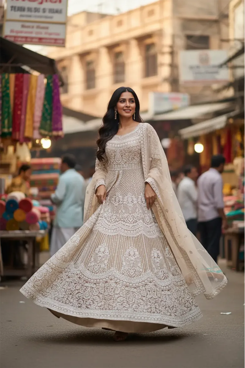 Thread Embroidered Semi  Material Gown