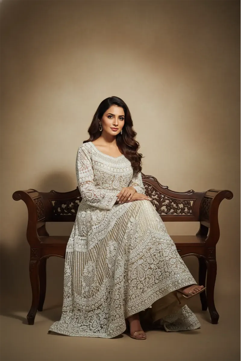 Thread Embroidered Semi  Material Gown