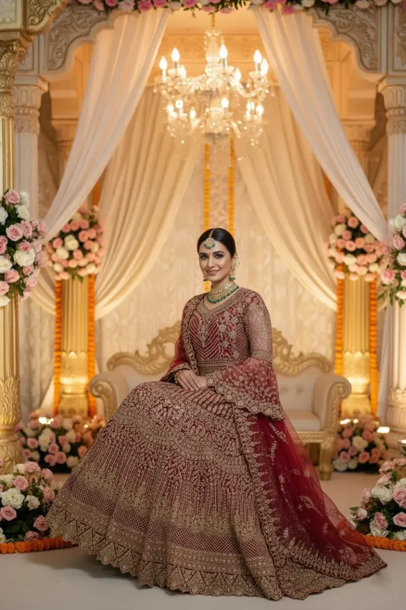 Deep Red Bell-Sleeve Anarkali Semi Matrial Gown