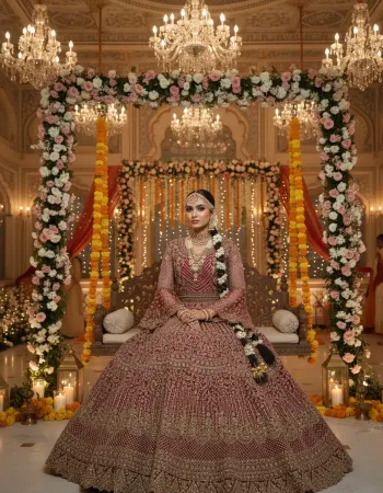 Deep Red Bell-Sleeve Anarkali Semi Matrial Gown