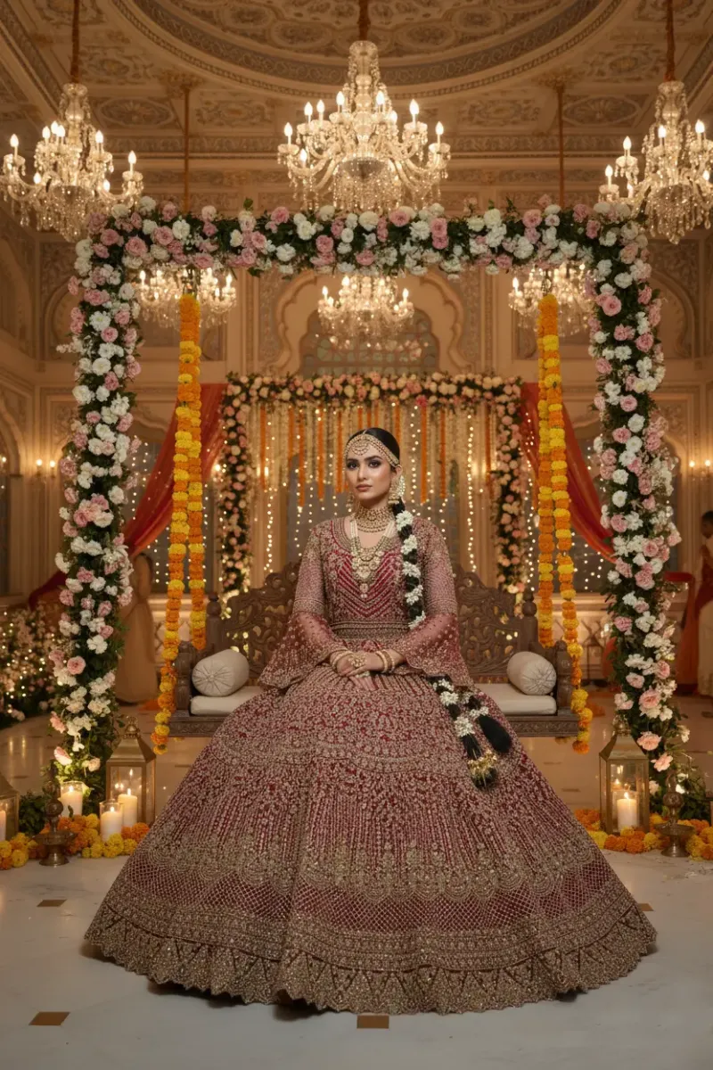 Deep Red Bell-Sleeve Anarkali Semi Matrial Gown