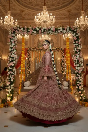 Deep Red Bell-Sleeve Anarkali Semi Matrial Gown