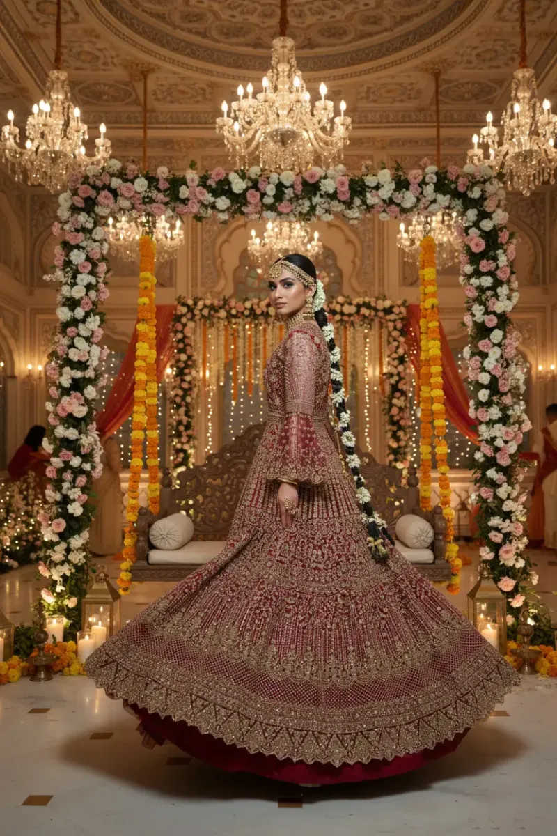 Deep Red Bell-Sleeve Anarkali Semi Matrial Gown