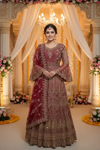 Deep Red Bell-Sleeve Anarkali Semi Matrial Gown