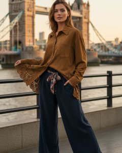 Linen Shirt with Cutwork Embroidered Sleeves