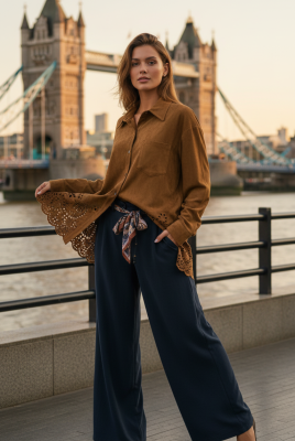 Linen Shirt with Cutwork Embroidered Sleeves