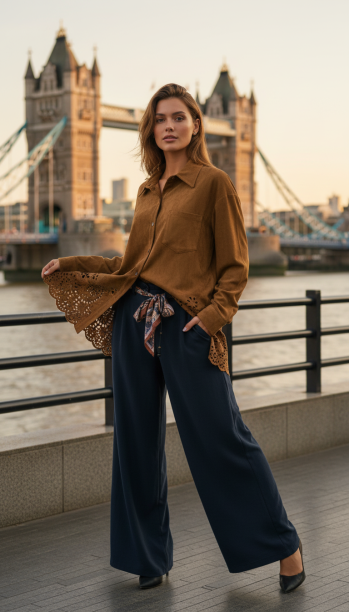 Linen Shirt with Cutwork Embroidered Sleeves