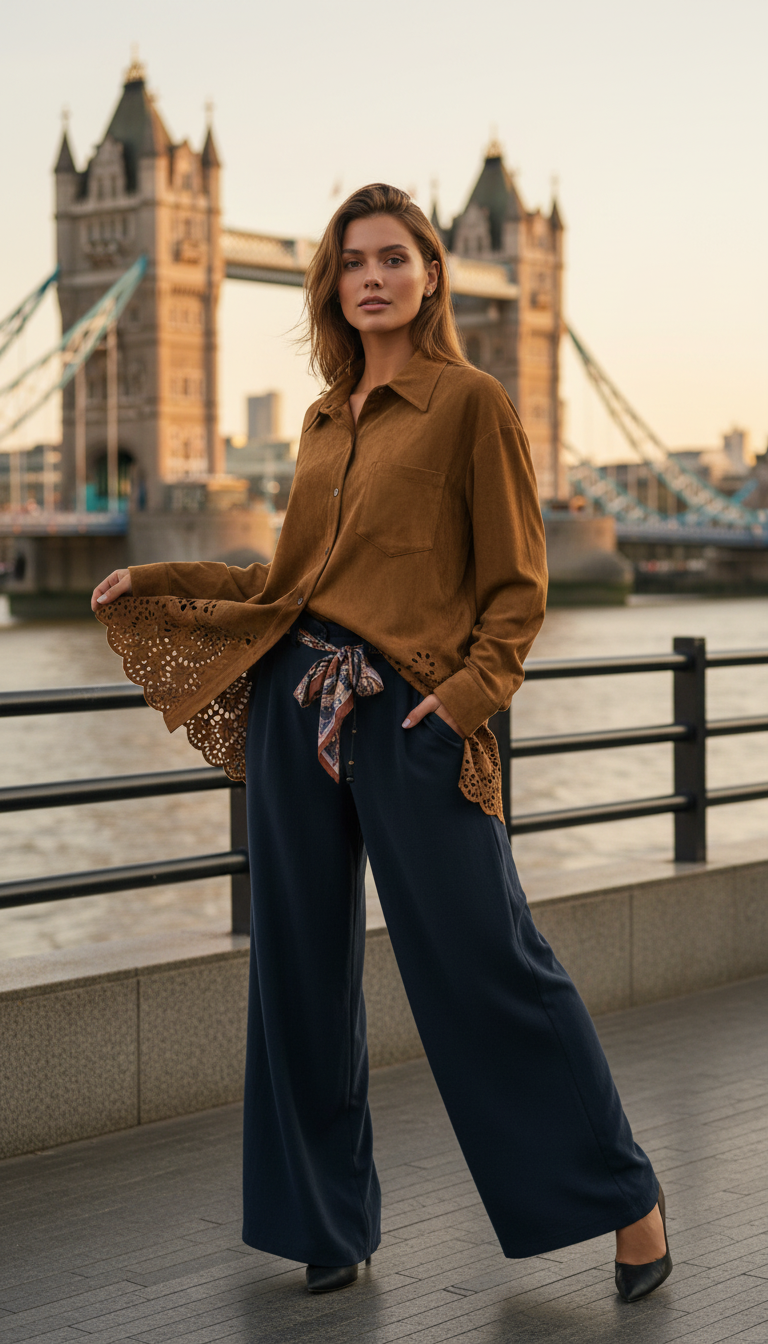 Linen Shirt with Cutwork Embroidered Sleeves