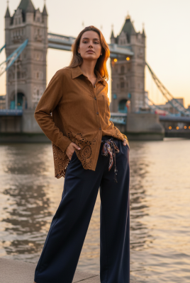 Linen Shirt with Cutwork Embroidered Sleeves