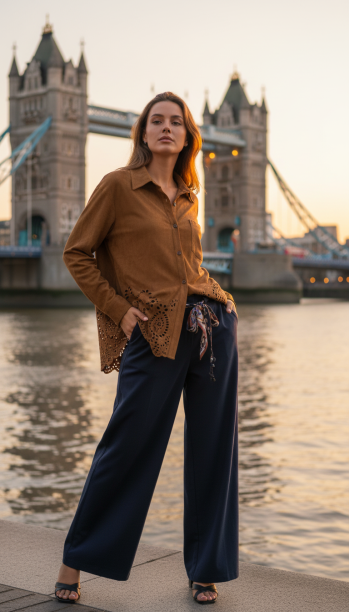 Linen Shirt with Cutwork Embroidered Sleeves